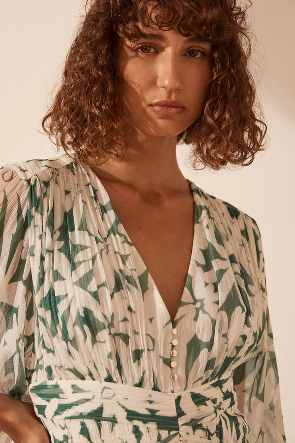 Marguerite Long Sleeve V Neck Mini Dress - Evergreen / Ivory