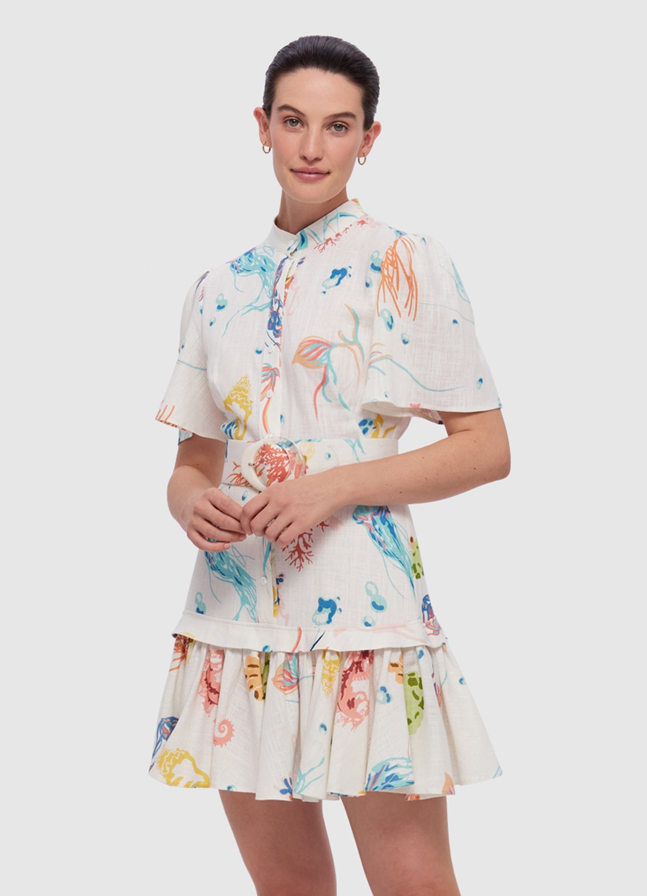 Beatrice Short Sleeve Mini Dress - Twilight Print in White