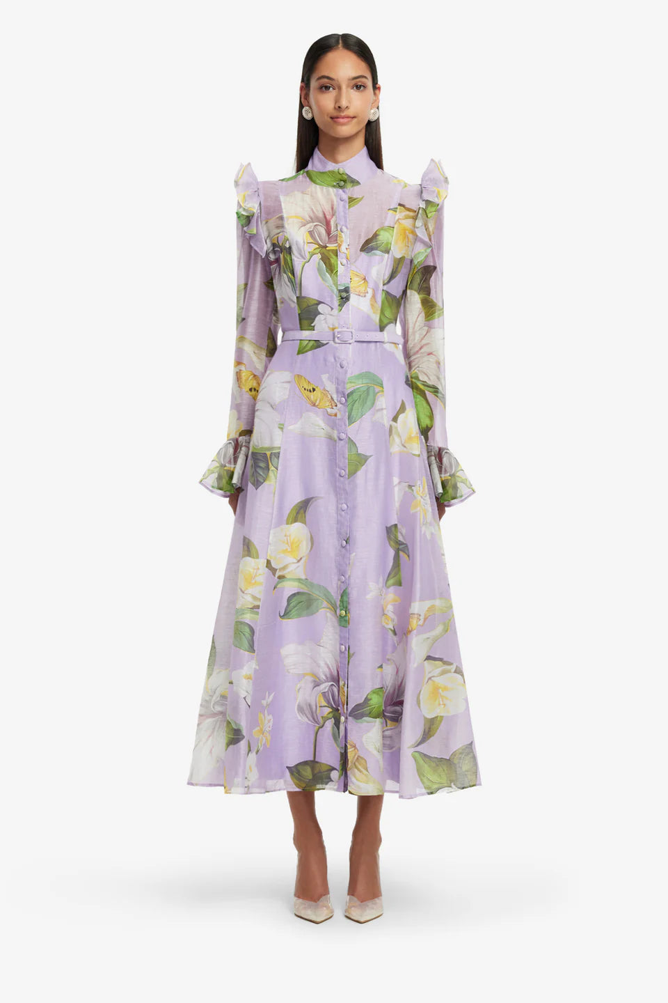 leo lin katrina petal butterfly sleeve linen blend midi dress LEO LIN Katrina Applique Butterfly-Sleeve Belted Midi Dress
