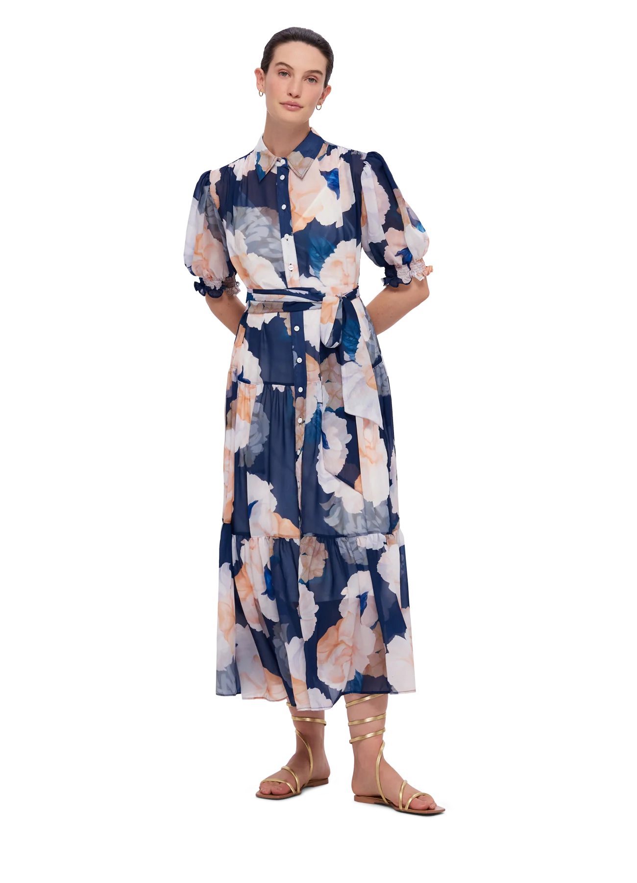 Ellie Bishop Sleeve Dress - Rosebud Print in Navy