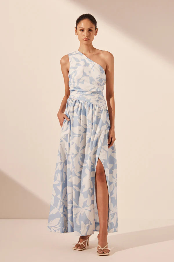 Mamounia Asymmetrical Gathered Maxi Dress - Sky/Ivory