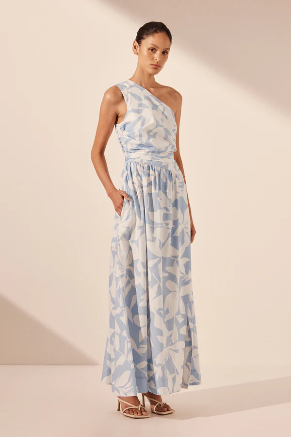 Mamounia Asymmetrical Gathered Maxi Dress - Sky/Ivory