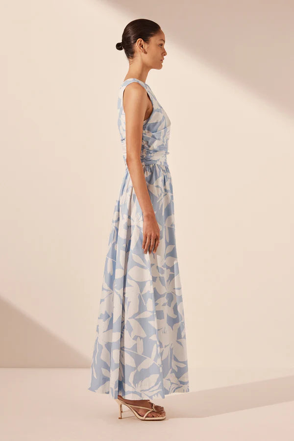 Mamounia Asymmetrical Gathered Maxi Dress - Sky/Ivory