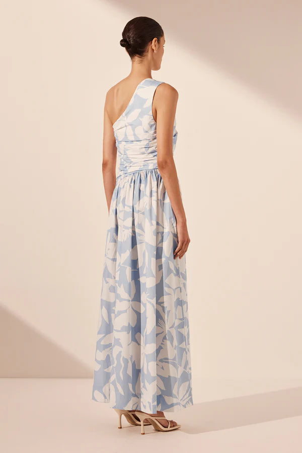 Mamounia Asymmetrical Gathered Maxi Dress - Sky/Ivory
