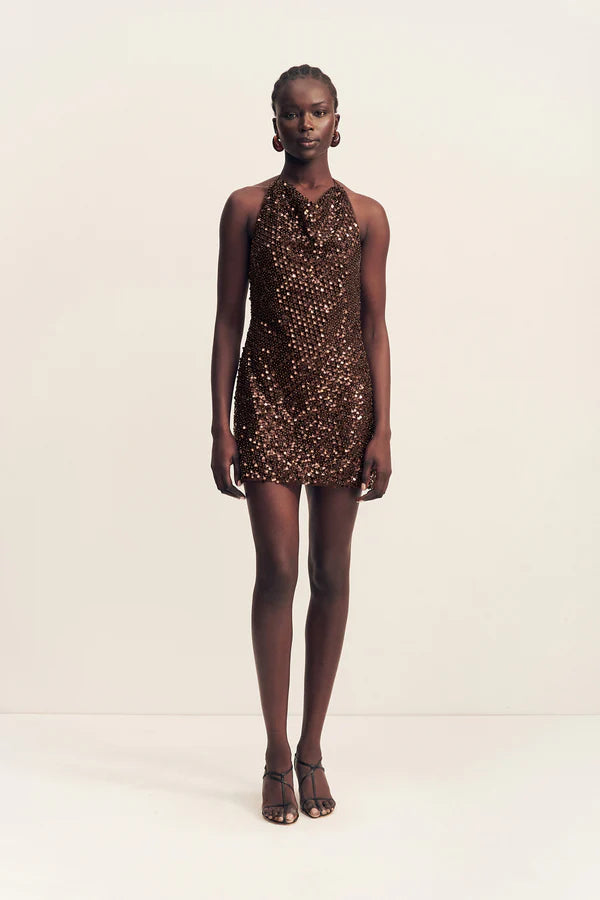 Everly High Neck Cowl Mini Dress - Chestnut