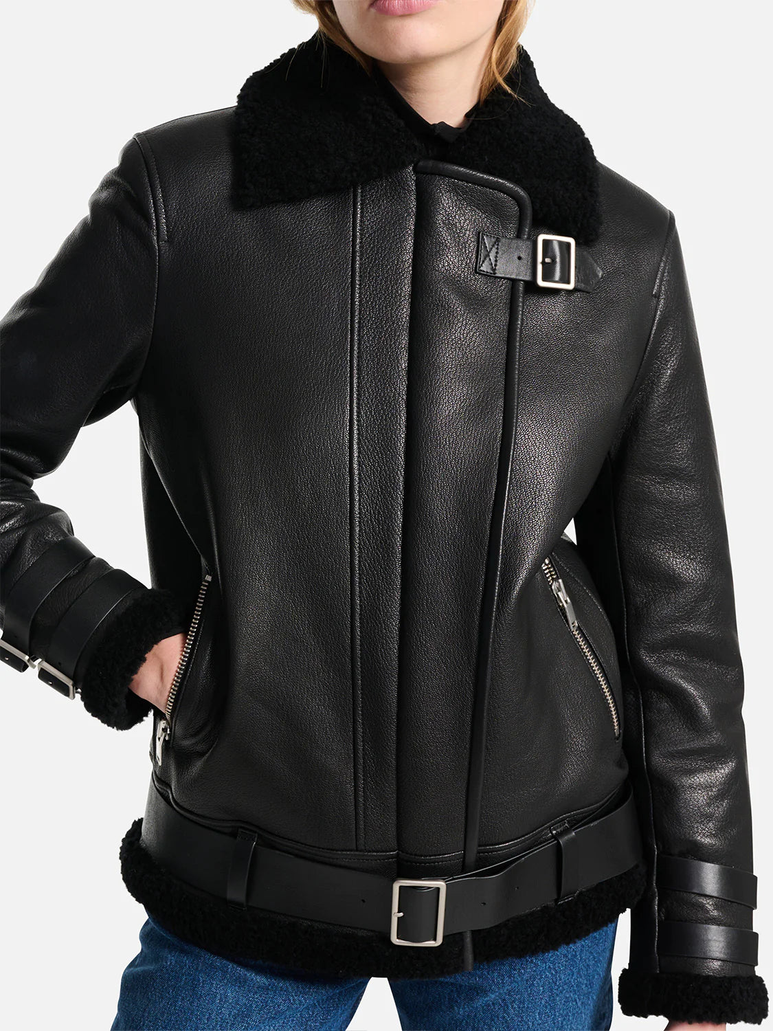 Hazel Leather Aviator Jacket - Black