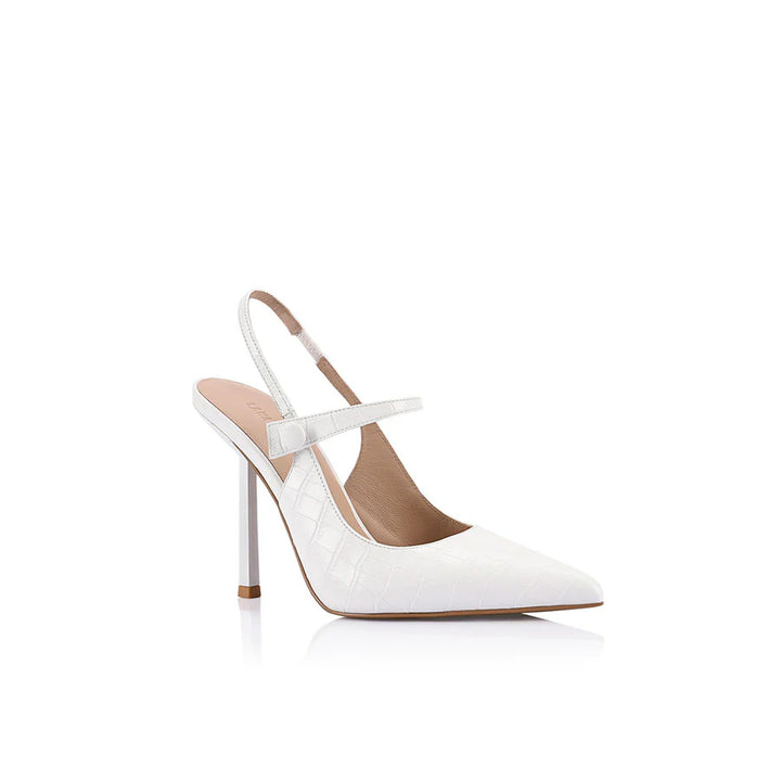 Sophie Heel - White Croc Embossed Leather