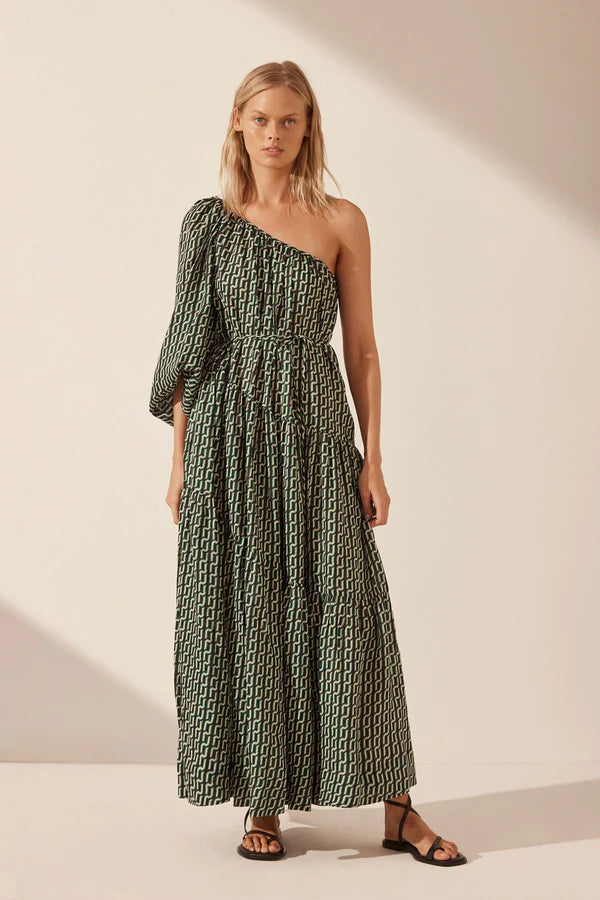 Ida Linen Long Sleeve One Shoulder Tiered Maxi Dress Black Multi Mali Lane Boutique