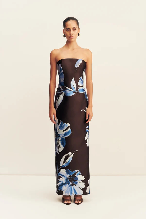 Elsa Panelled Strapless Maxi Dress - Espresso/Blue