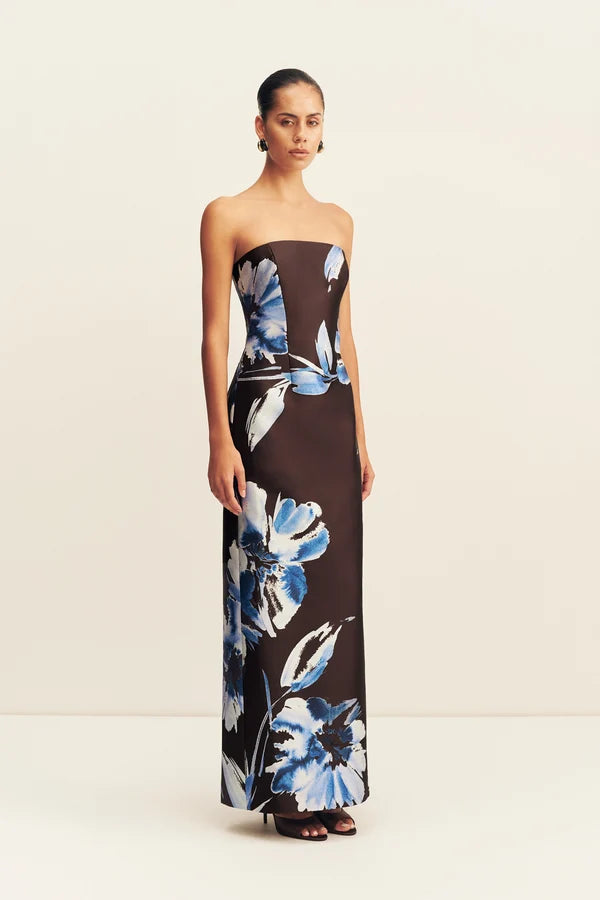 Elsa Panelled Strapless Maxi Dress - Espresso/Blue
