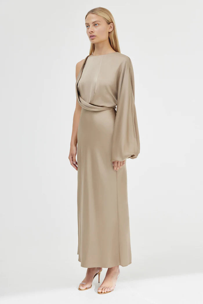 Alessia One Shoulder Long Sleeve Dress - Latte