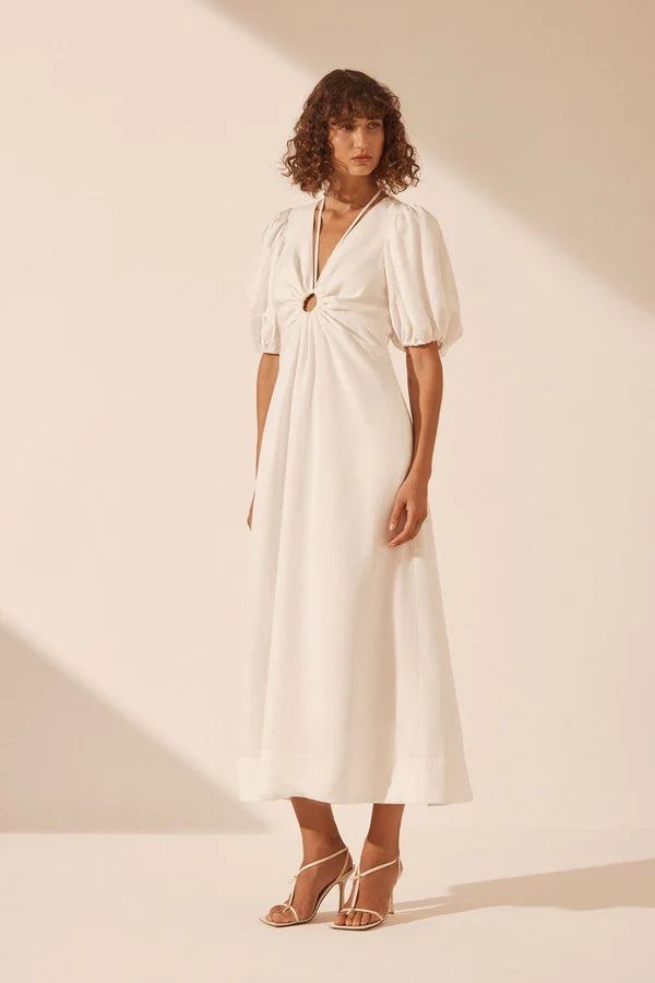 Blanc Linen Ruched Keyhole Midi Dress - Ivory