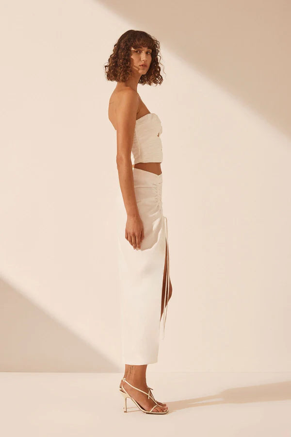 Blanc Linen Ruched Drawstring Midi Skirt - Ivory