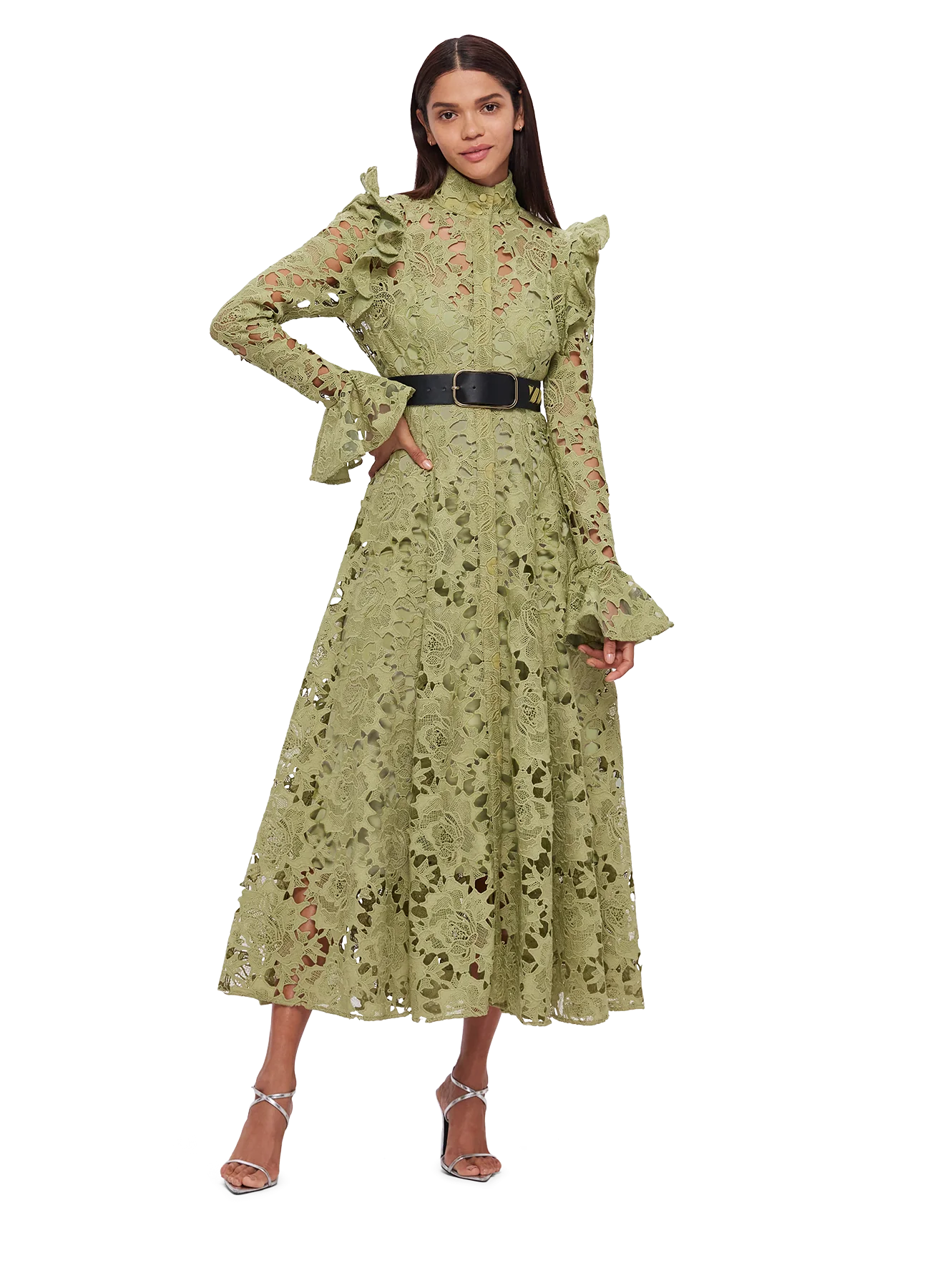 Aliyah Lace Butterfly Sleeve Midi Dress - Olive