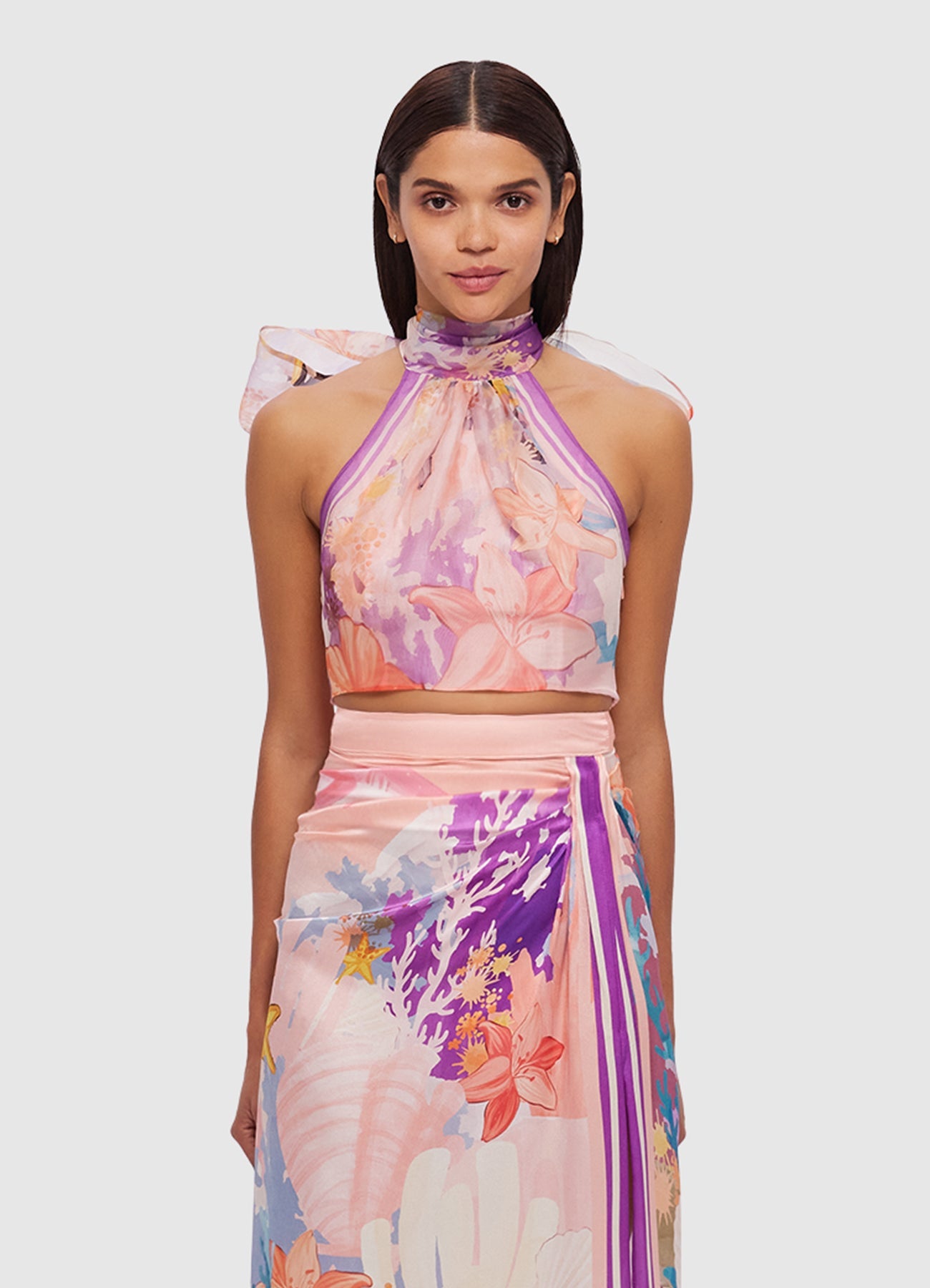 Evie Halter Bow Tie Up Top - Neptune Print Coral