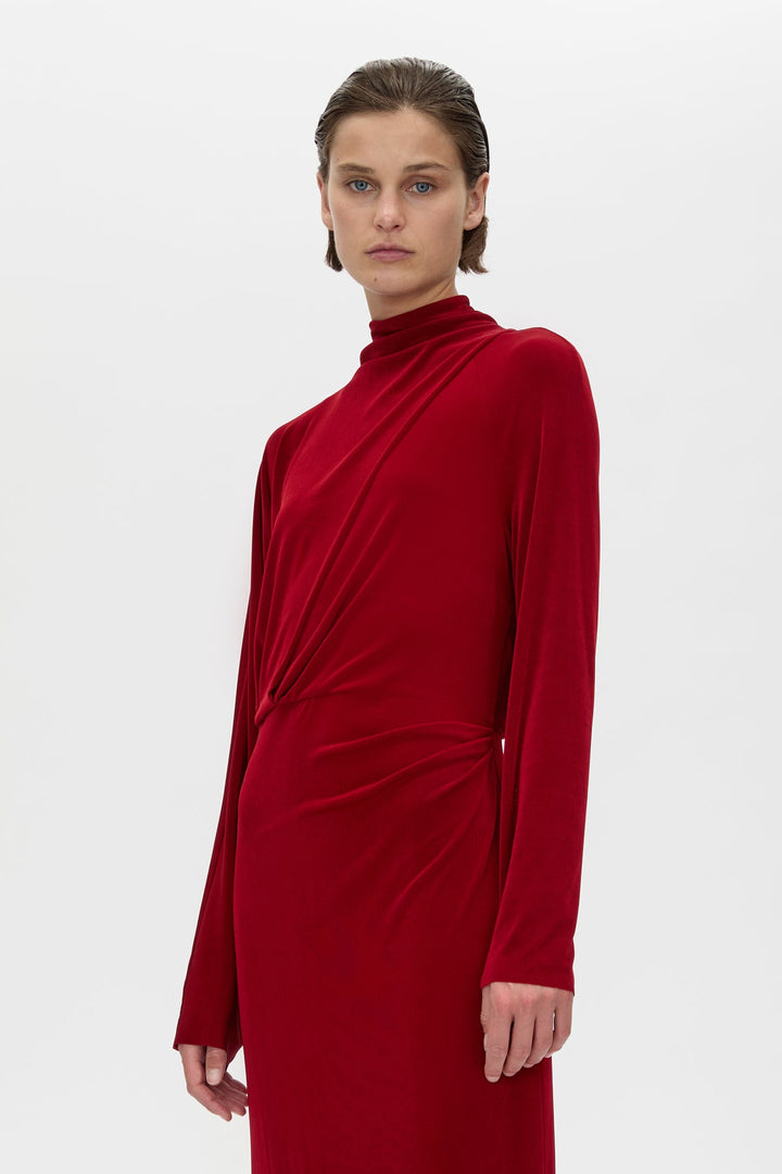 Ravine Draped Sleeve Dress - Cherry