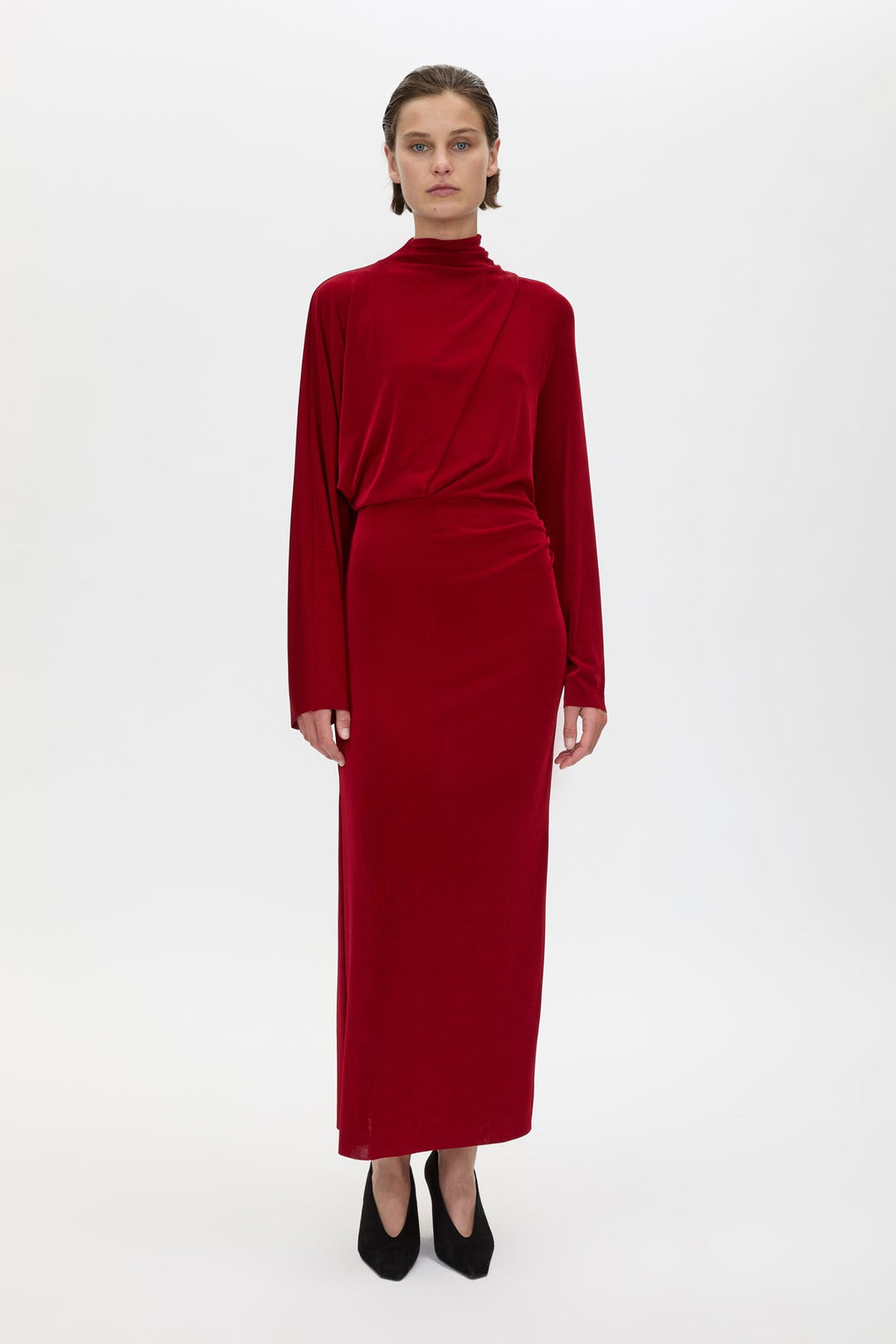 Ravine Draped Sleeve Dress - Cherry