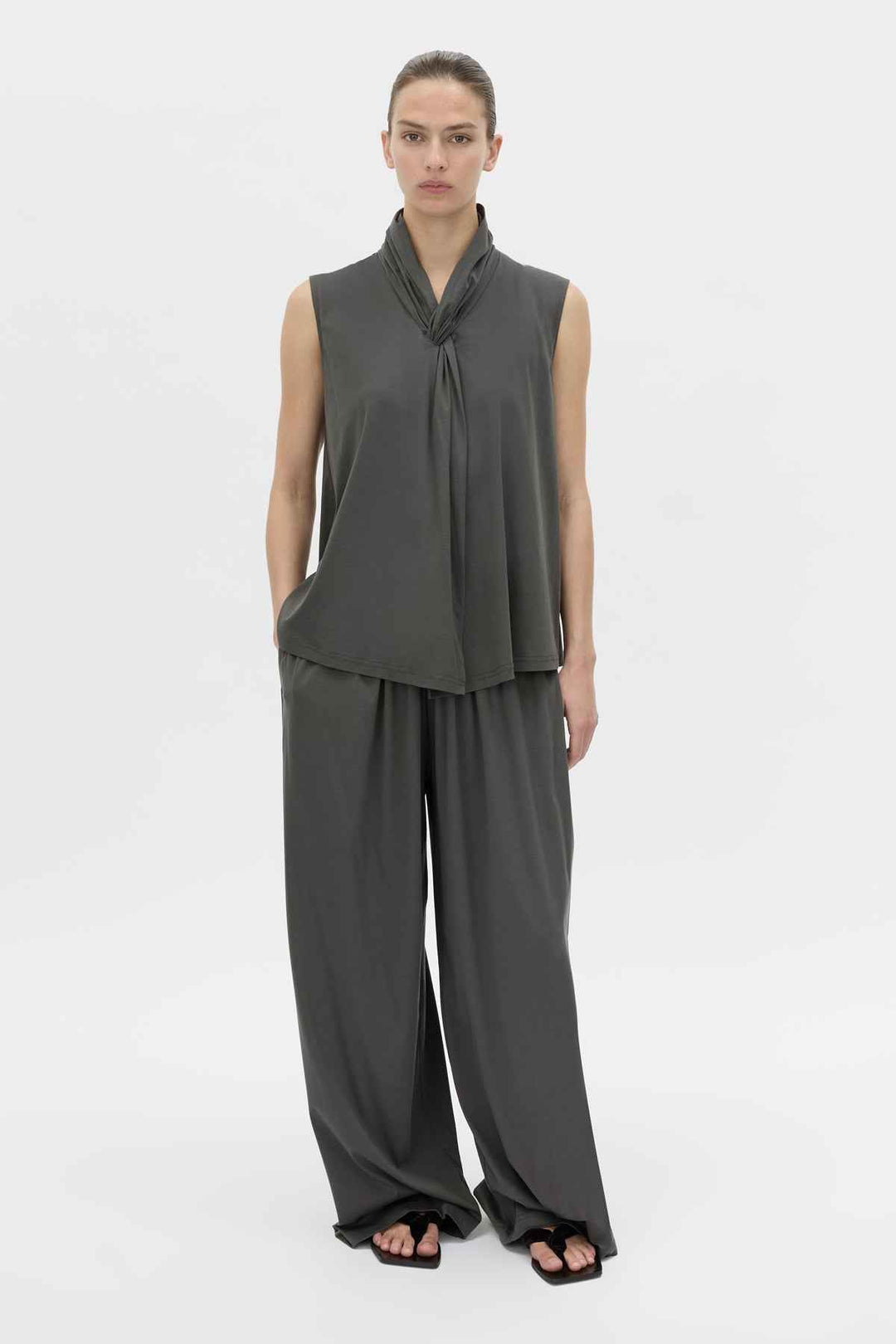 Senae Draped Knot Sleeveless Top - Charcoal