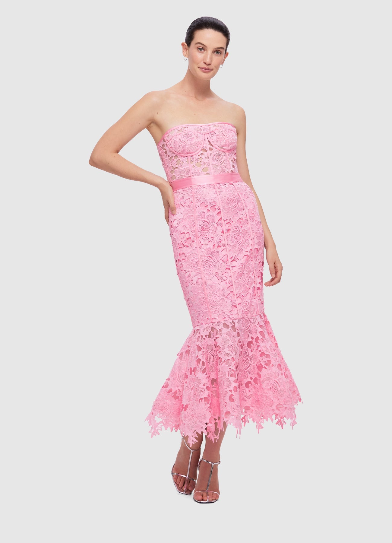 Clover Lace Bustier Ruffle Midi Dress - Candy Pink