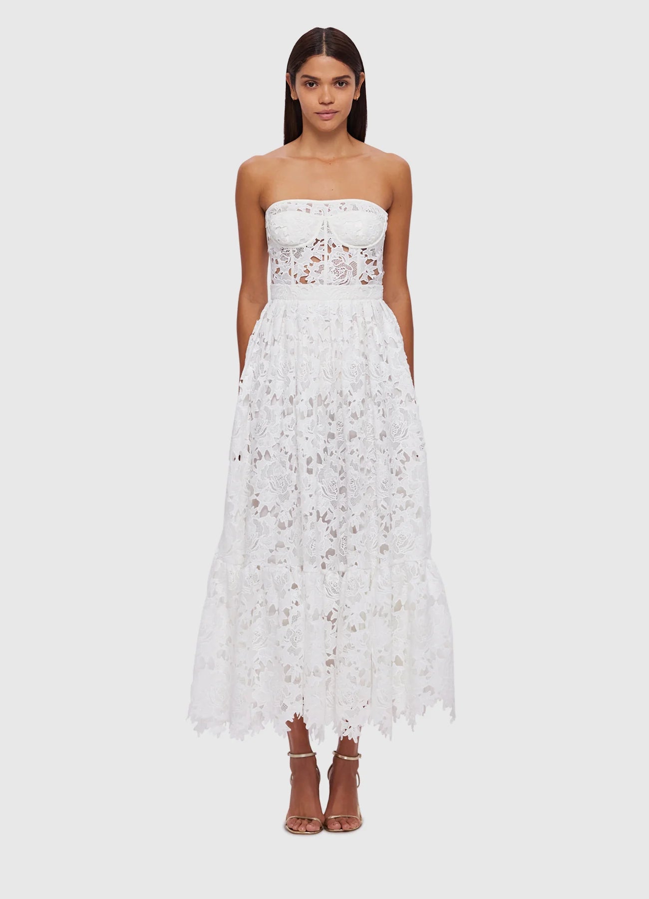 Emilia Lace Bustier Midi Dress - Snow