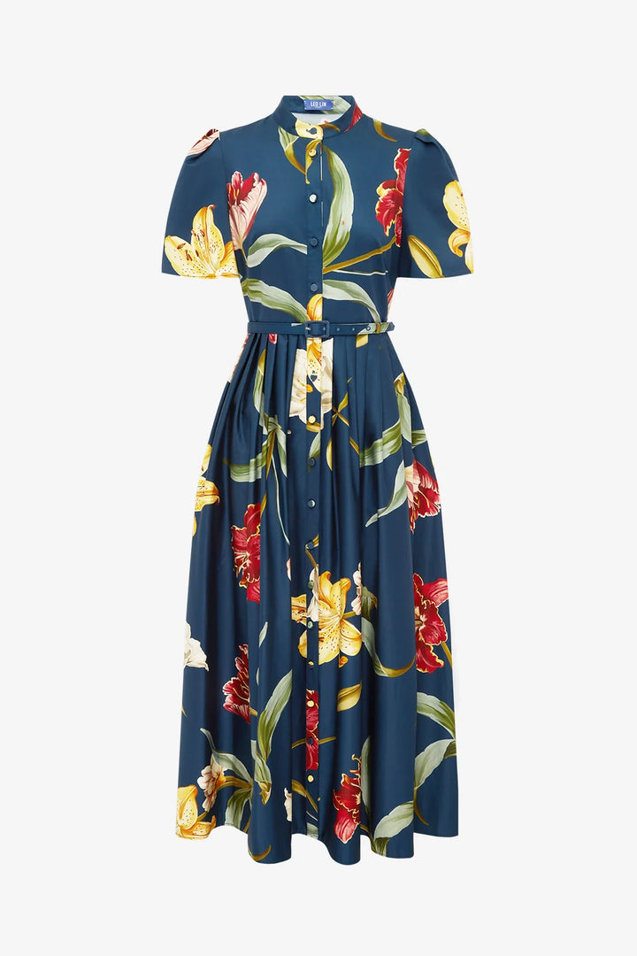 Bianca Short Sleeve Midi Dress - Lily Print/Indigo