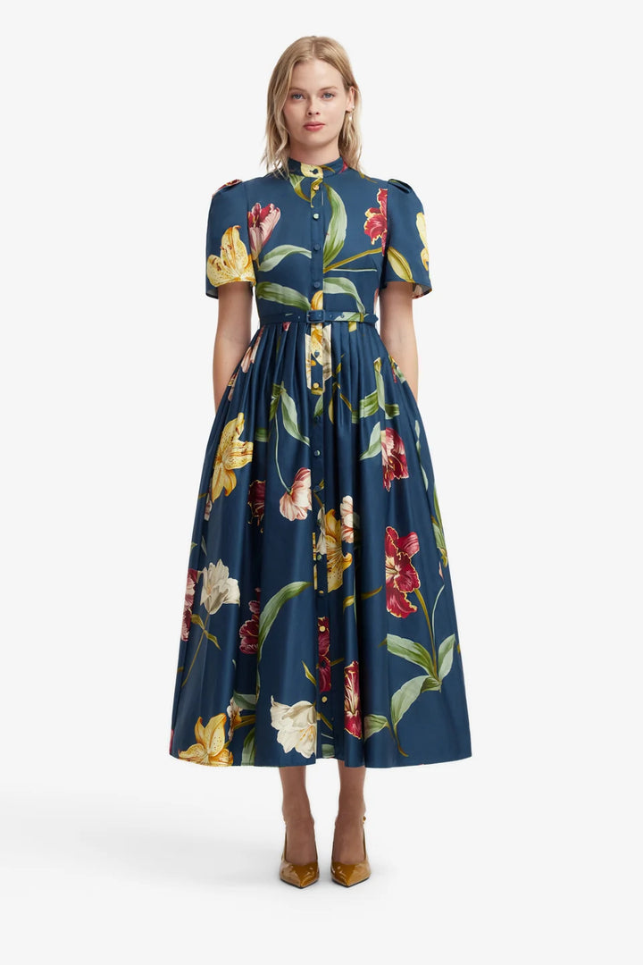 Bianca Short Sleeve Midi Dress - Lily Print/Indigo