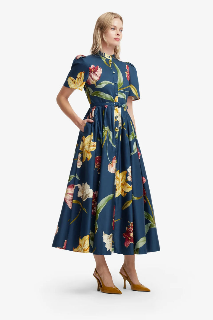 Bianca Short Sleeve Midi Dress - Lily Print/Indigo