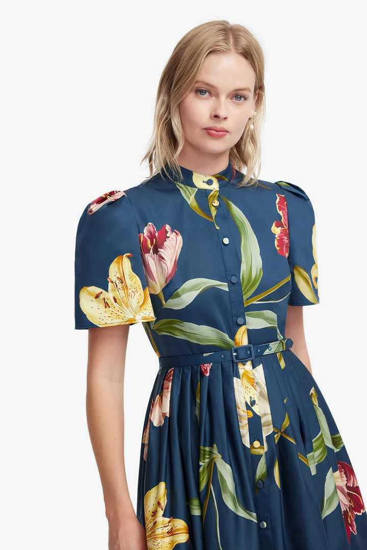 Bianca Short Sleeve Midi Dress - Lily Print/Indigo