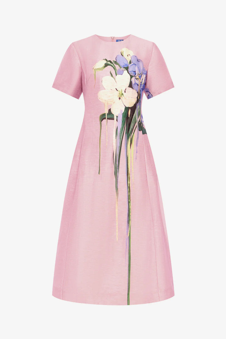 Caroline Short Sleeve Midi Dress - Bouquet Print/Pink