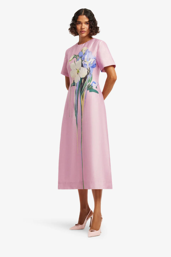 Caroline Short Sleeve Midi Dress - Bouquet Print/Pink
