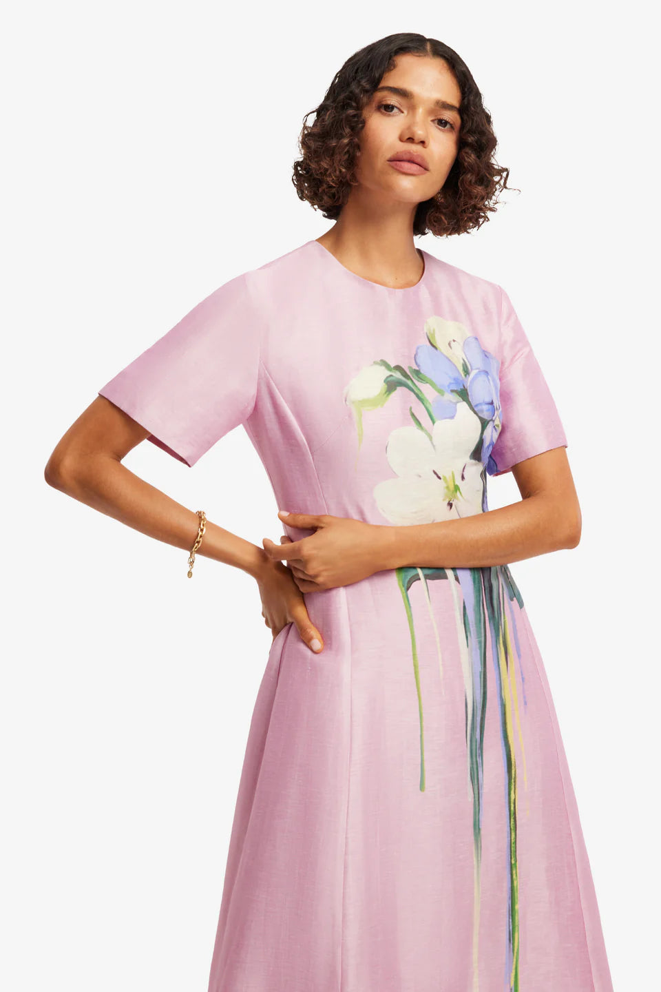 Caroline Short Sleeve Midi Dress - Bouquet Print/Pink