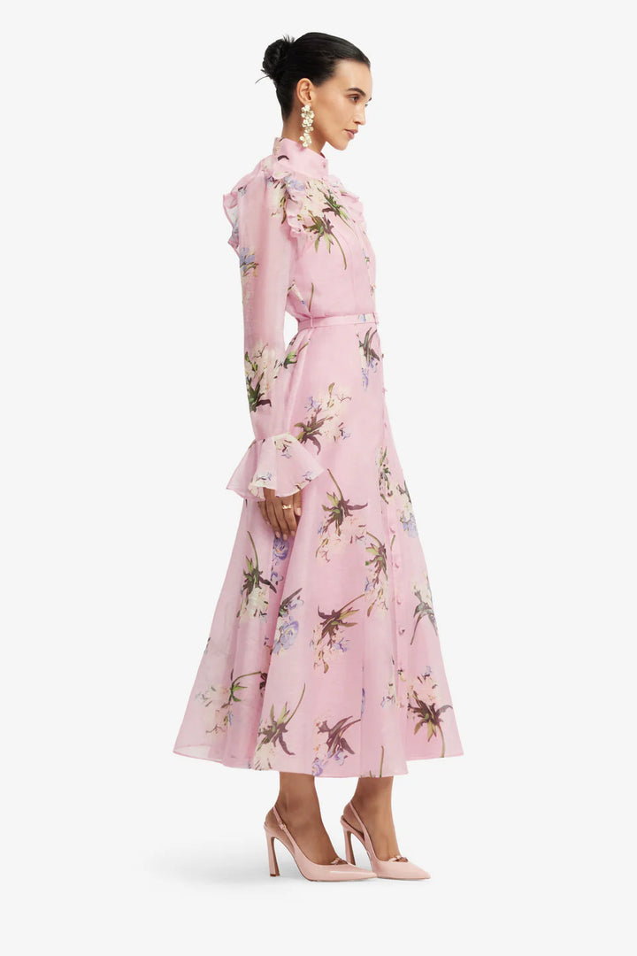 Katrina Butterfly Sleeve Midi Dress - Bouquet Print/Pink