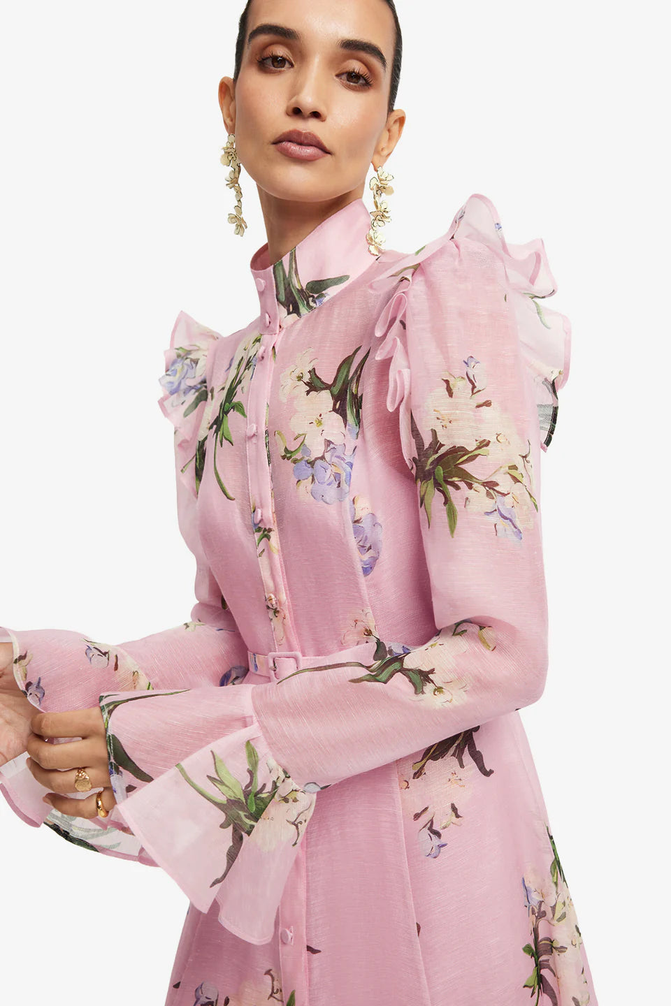 Katrina Butterfly Sleeve Midi Dress - Bouquet Print/Pink