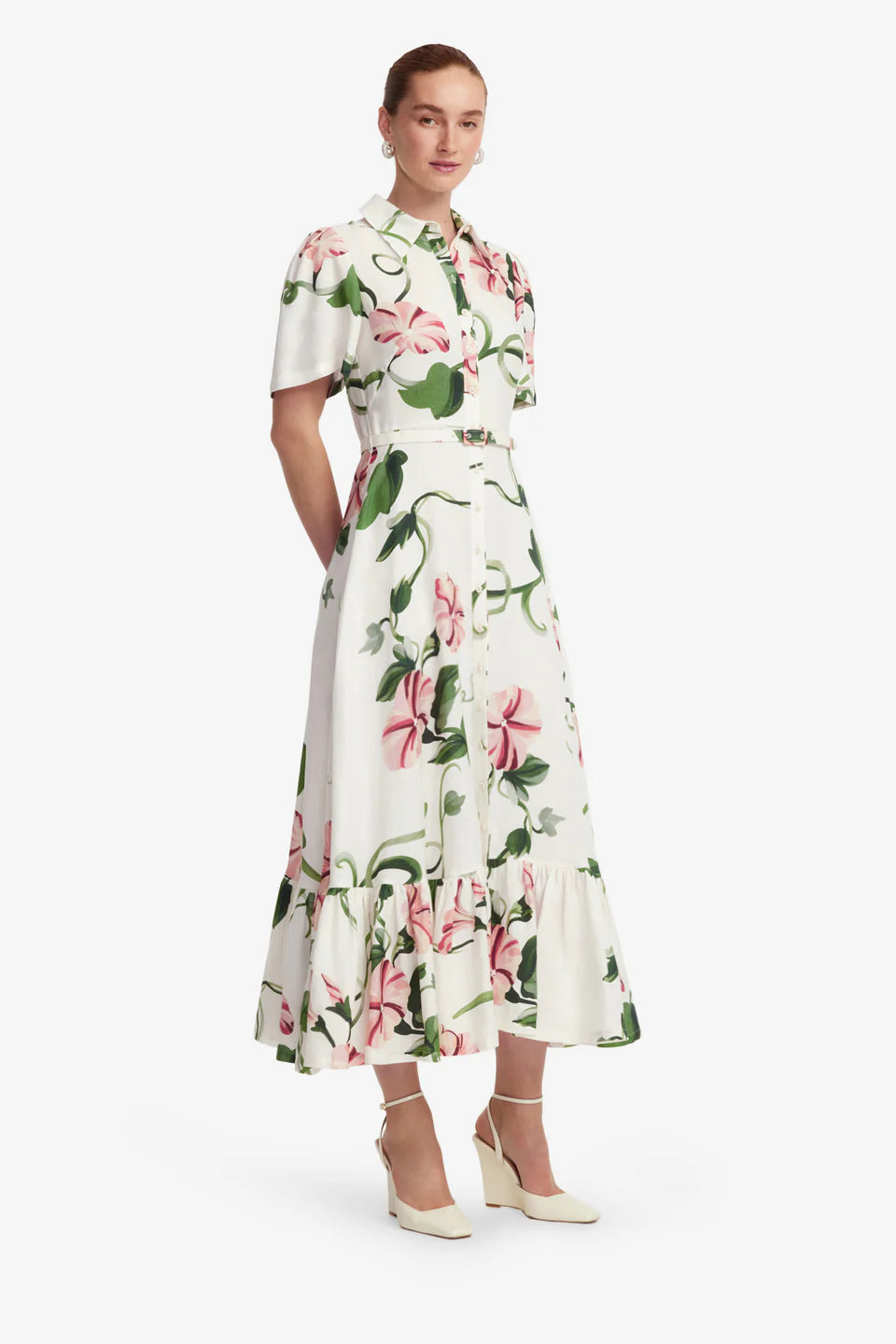 Becca Short Sleeve Midi Dress - Vine Print in Snow