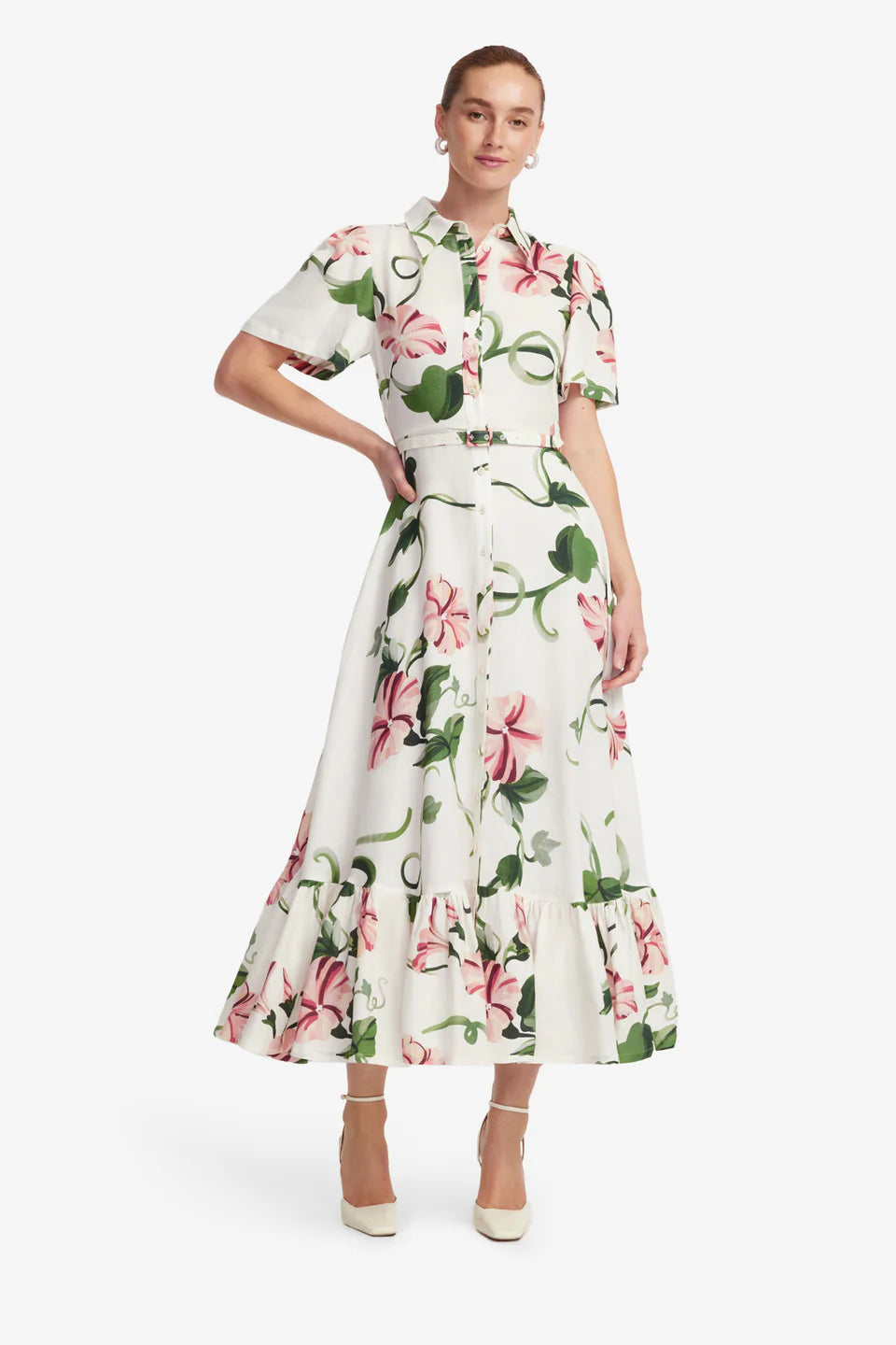 Becca Short Sleeve Midi Dress - Vine Print in Snow