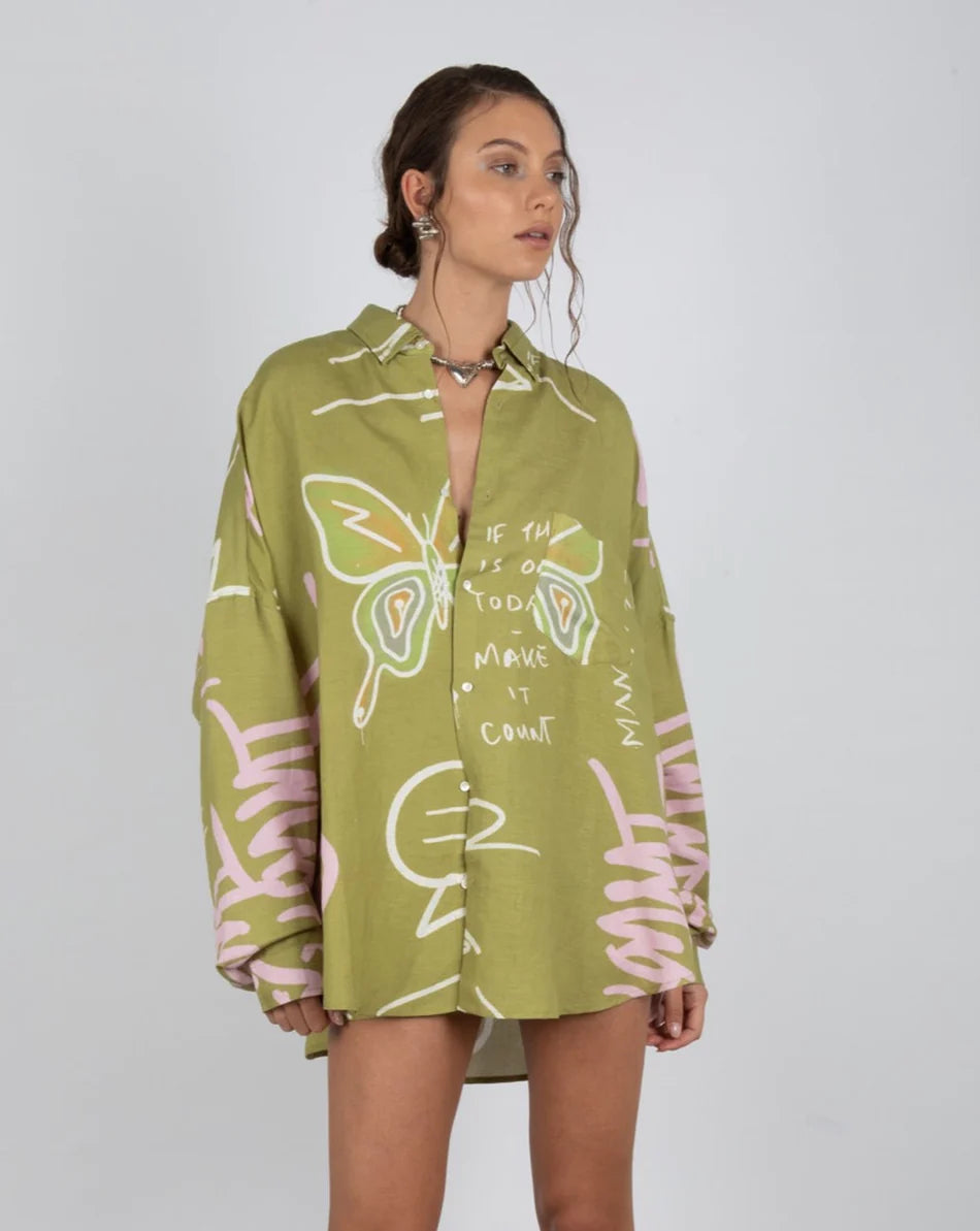 Oversized LS Shirt - Graffiti Butterfly Khaki