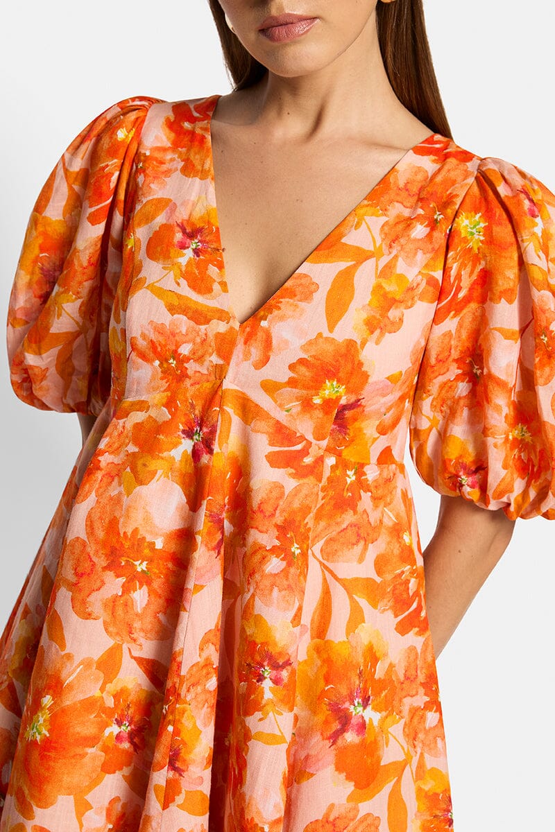 Aimee Puff Sleeve Mini Dress - Orange Blossom