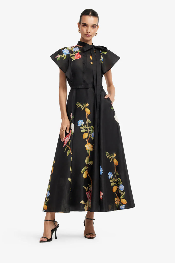Elsie Flutter Sleeve Midi Dress - Ebony with Vine Print