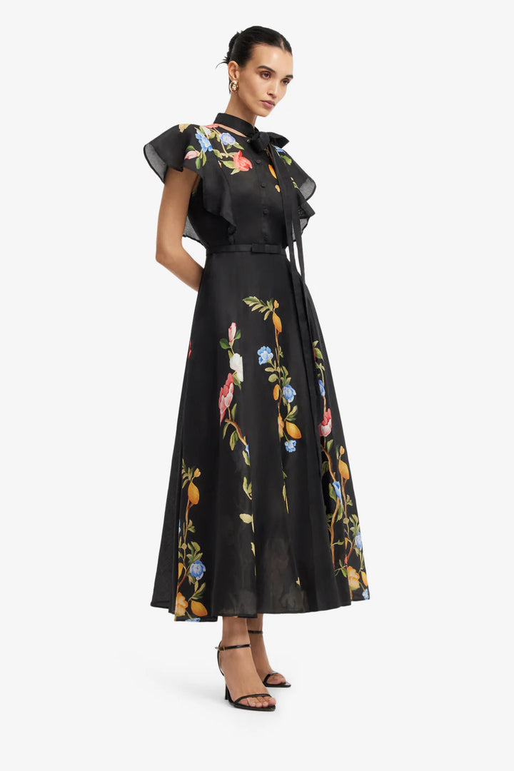 Elsie Flutter Sleeve Midi Dress - Ebony with Vine Print