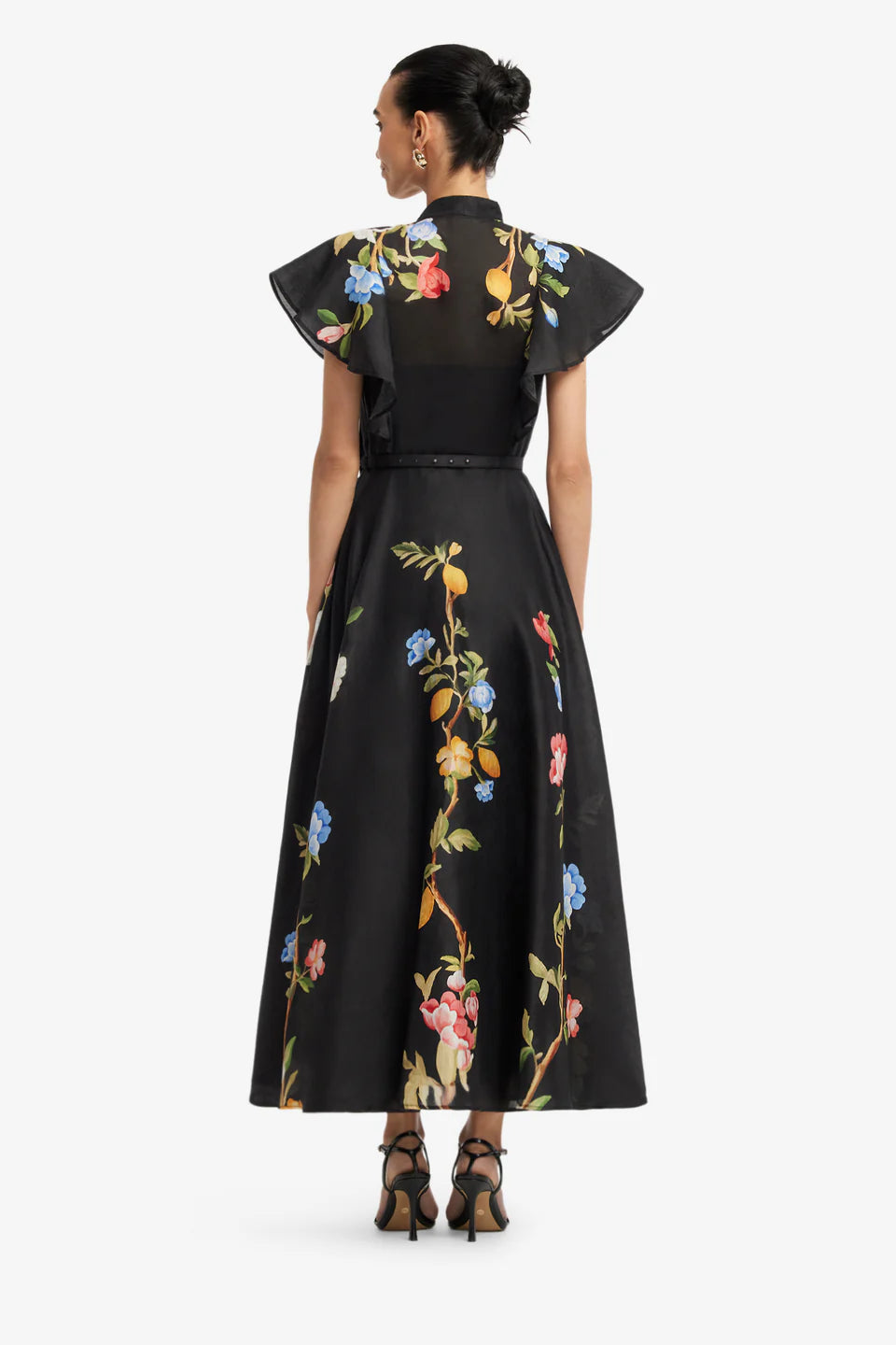 Elsie Flutter Sleeve Midi Dress - Ebony with Vine Print