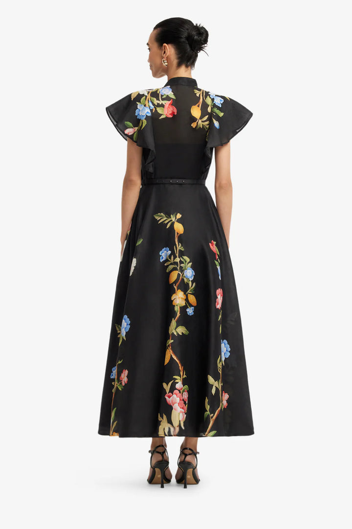 Elsie Flutter Sleeve Midi Dress - Ebony with Vine Print