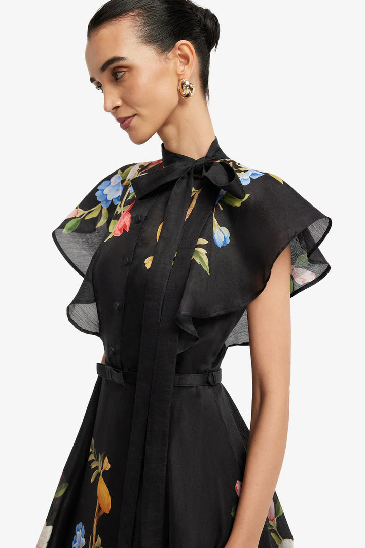 Elsie Flutter Sleeve Midi Dress - Ebony with Vine Print