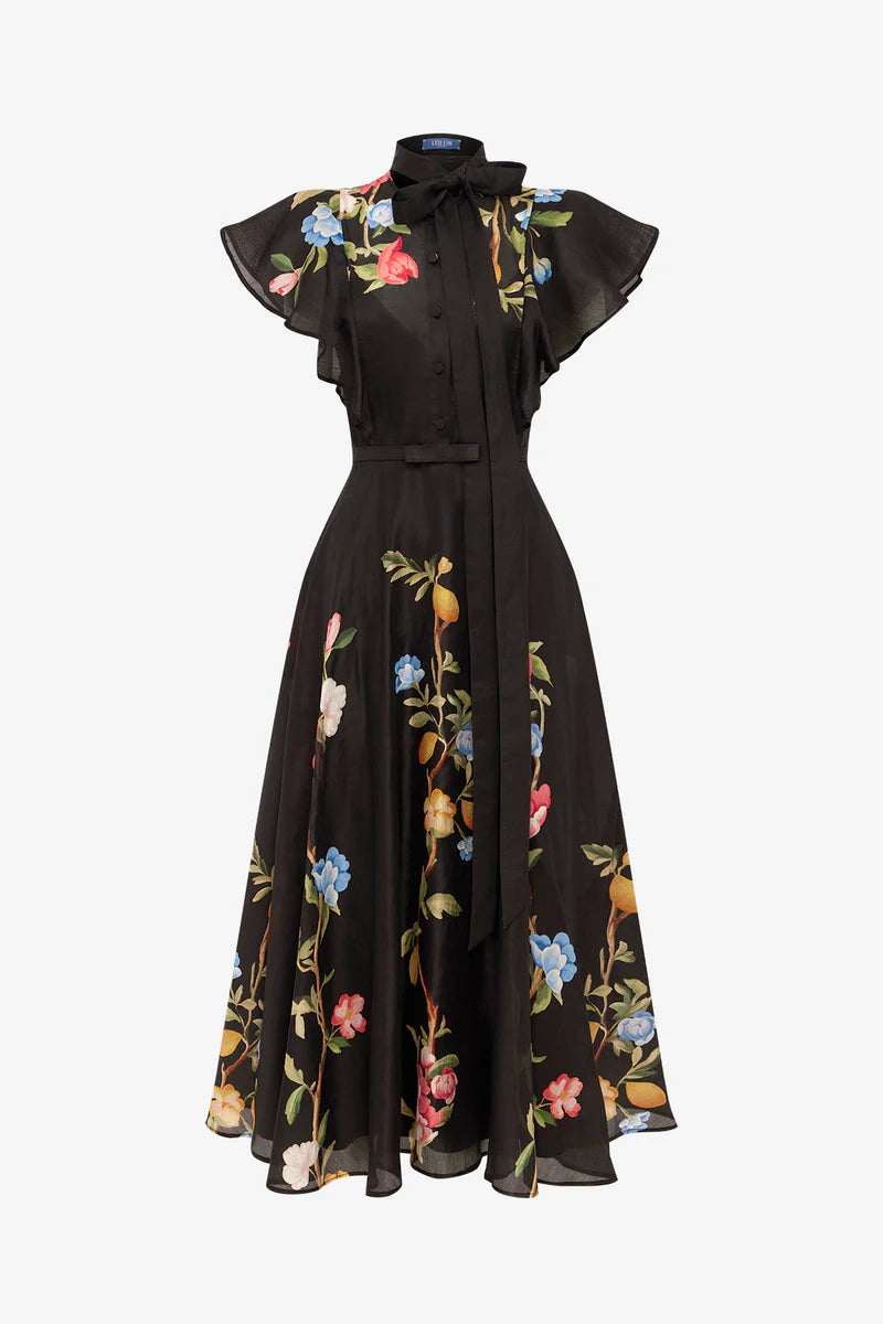 Elsie Flutter Sleeve Midi Dress - Ebony with Vine Print