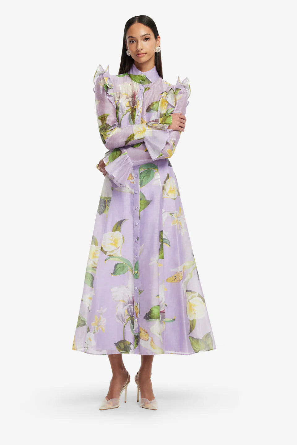 Katrina Butterfly Sleeve Midi Dress - Lily Blossom/Lilac