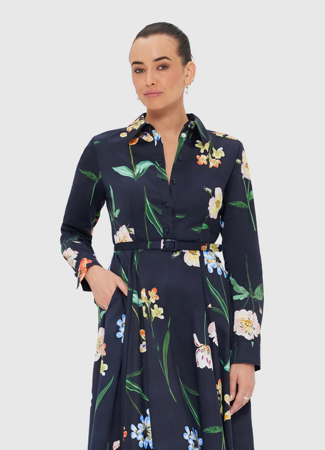 Zara Shirt Midi Dress - Botanical Print in Eboney