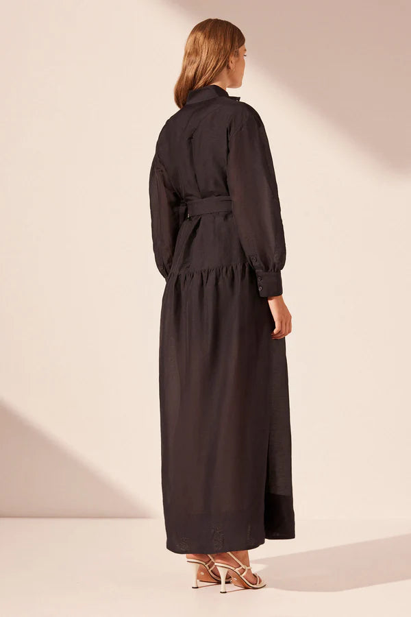 L/S Tiered Shirt Maxi Dress - Black