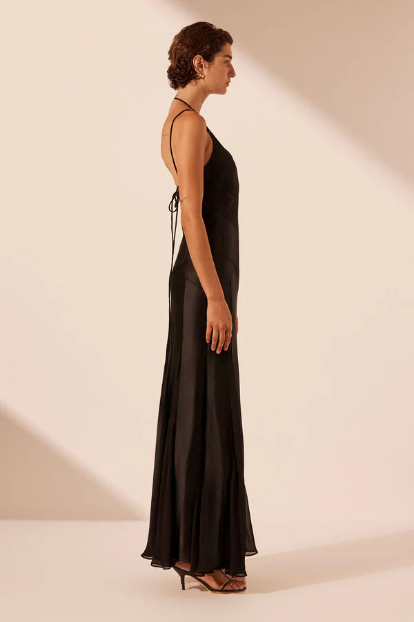 Moraya Plunged Godet Dress - Black