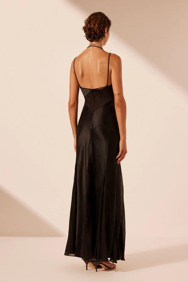 Moraya Plunged Godet Dress - Black
