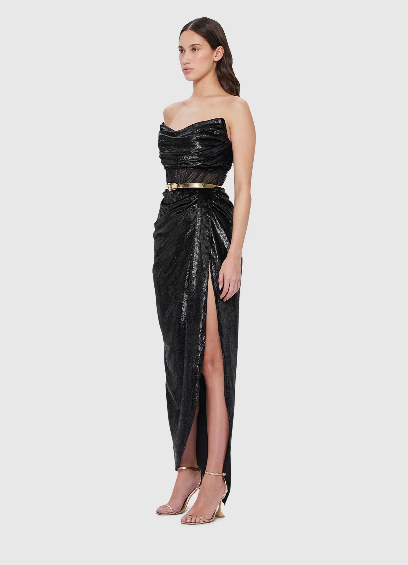 Madelyn Velvet Draped Split Dress - Eboney
