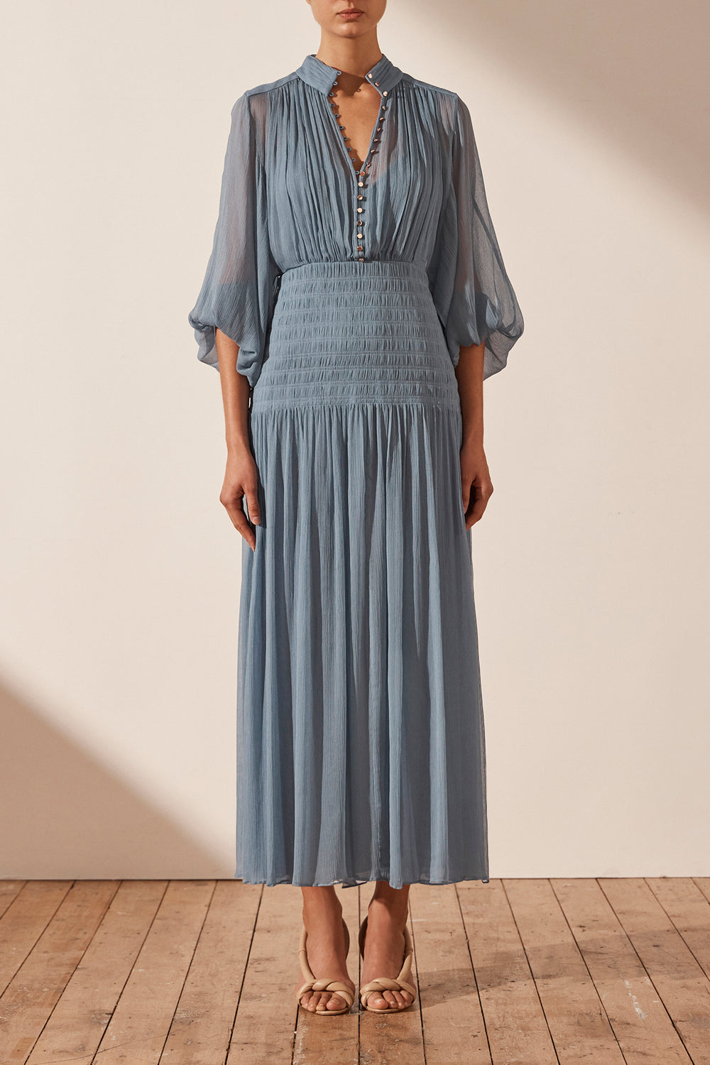 Lauren Button Up Ruched Midi Dress - Dusty Blue